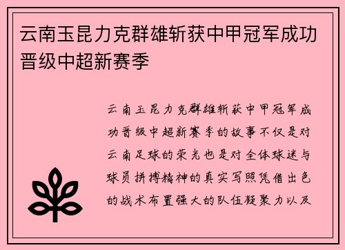 云南玉昆力克群雄斩获中甲冠军成功晋级中超新赛季
