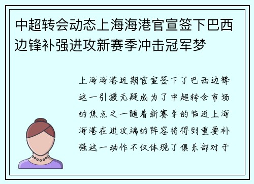 中超转会动态上海海港官宣签下巴西边锋补强进攻新赛季冲击冠军梦