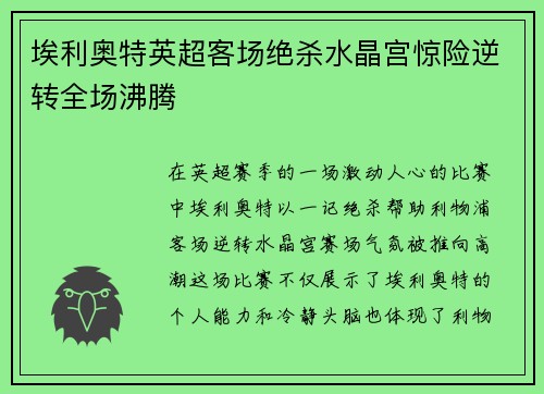 埃利奥特英超客场绝杀水晶宫惊险逆转全场沸腾
